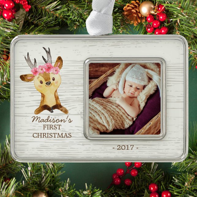 Woodland Deer Baby's 1st Christmas Photo Ornament (Creator Uploaded)