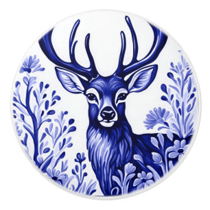 Woodland Deer Blue and White Animal Art Ceramic Knob