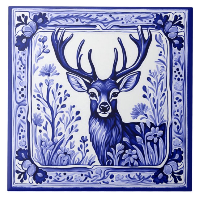 Woodland Deer Blue and White Folk Animal Art Ceramic Tile (Front)