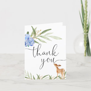 Woodland deer blue floral greenery thank you card