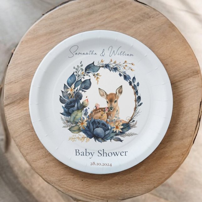  Woodland Deer Blue Flowers Boho Leaves Paper Plate (Creator Uploaded)