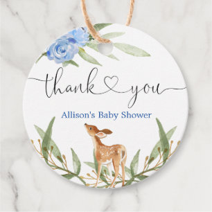 Woodland deer blue green gold boy baby shower favour tags