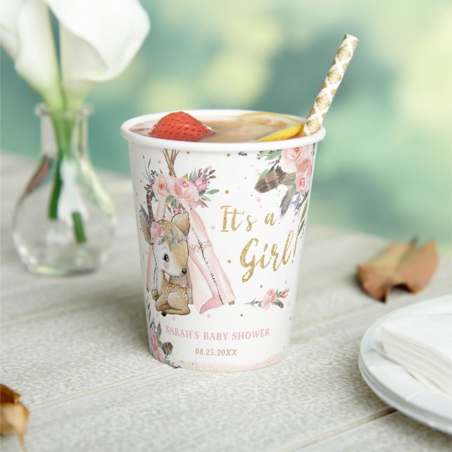 Woodland Deer Boho Tribal Girl Baby Shower Paper Cups (Insitu)