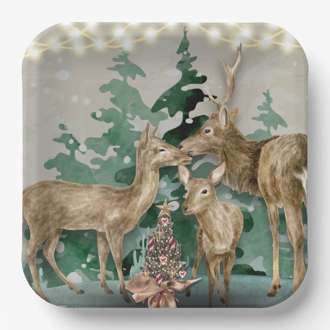 Woodland Deer Christmas Celebration Paper Plate (Front)