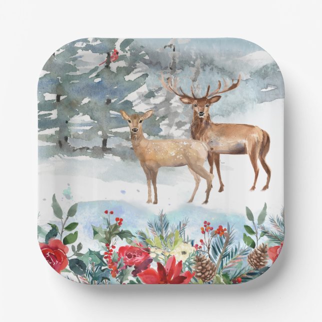 Woodland Deer Christmas Paper Plate (Front)
