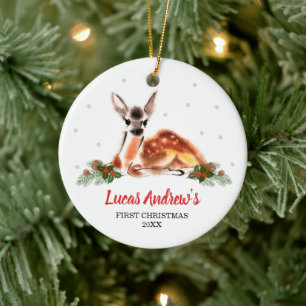 Woodland Deer Custom Baby Boy's 1st Christmas Ceramic Ornament