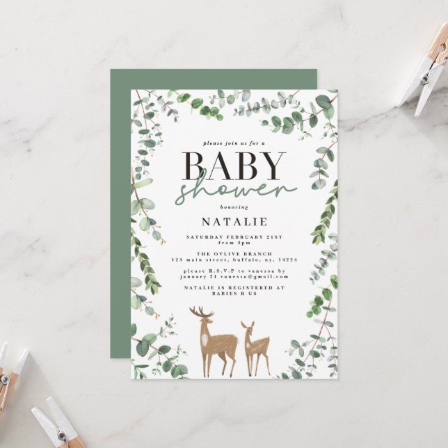 Woodland deer eucalyptus modern baby shower invitation (Front/Back In Situ)