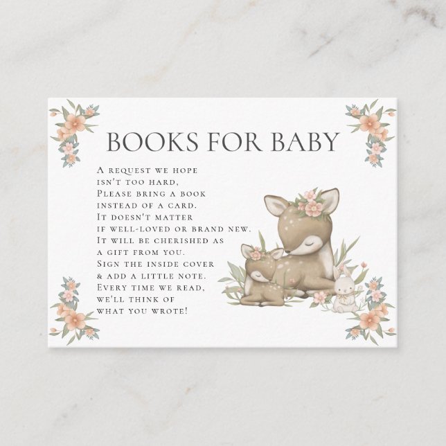 Woodland Deer Fawn Floral Girl Baby Shower Books Enclosure Card (Front)
