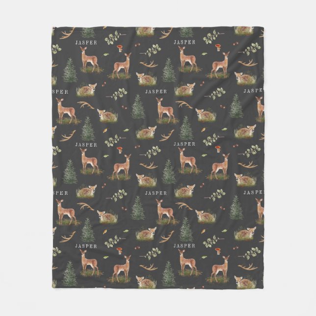 Woodland Deer Fawn Pattern Baby Green Baby Name Fleece Blanket (Front)
