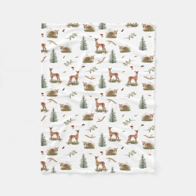Woodland Deer Fawn Pattern Baby White Fleece Blanket (Front)