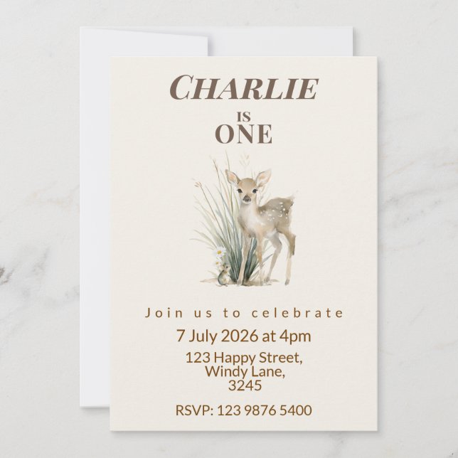 Woodland Deer First Birthday Invitation (Front)