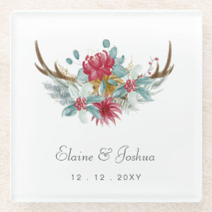 Woodland Deer Floral Antler Winter Wedding Glass Coaster