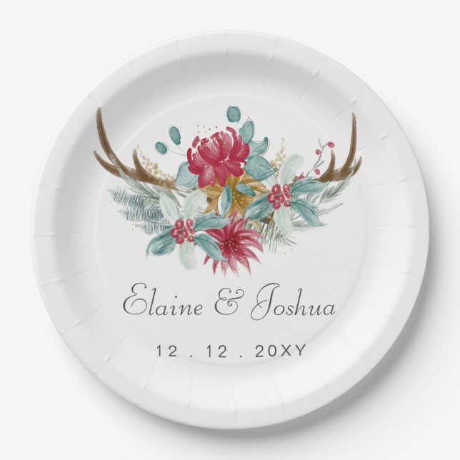 Woodland Deer Floral Antler Winter Wedding Paper Plate (Front)