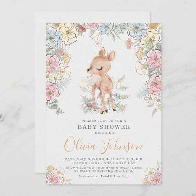 Woodland Deer Floral Baby Shower Invitation (Front/Back)