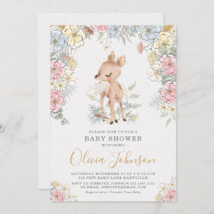 Woodland Deer Floral Baby Shower Invitation