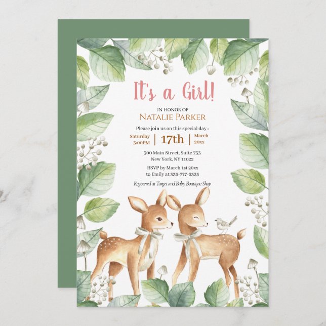Woodland Deer Floral Botanical Girl Baby Shower Invitation (Front/Back)