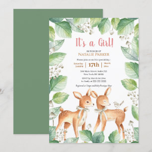 Woodland Deer Floral Botanical Girl Baby Shower Invitation