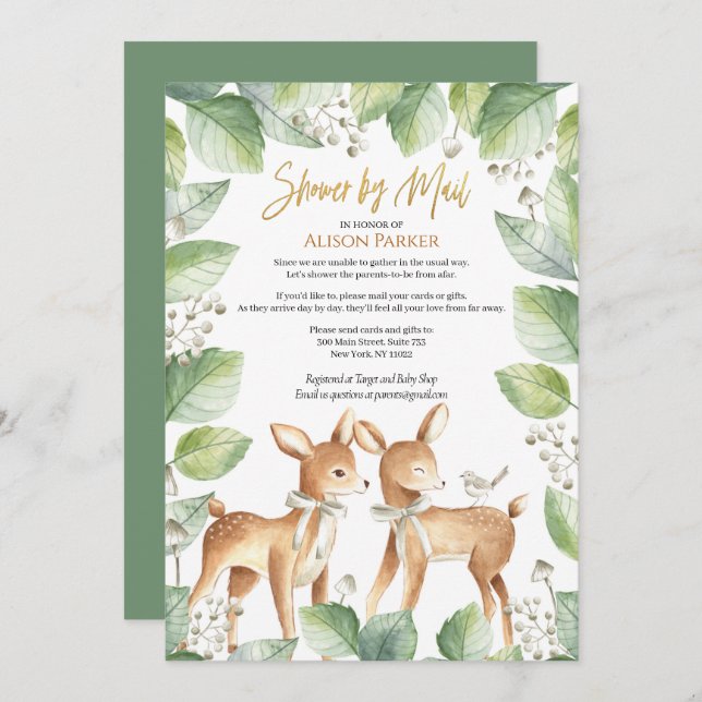 Woodland Deer Floral Greenery Baby Shower by Mail Invitation (Front/Back)