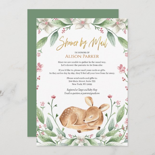 Woodland Deer Floral Greenery Baby Shower by Mail Invitation (Front/Back)
