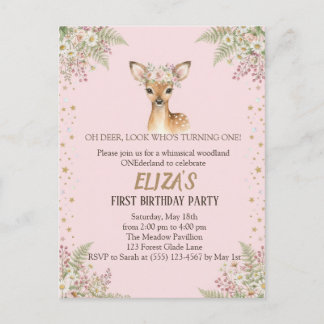 Woodland Deer Floral Pink Girl Birthday Invitation Postcard