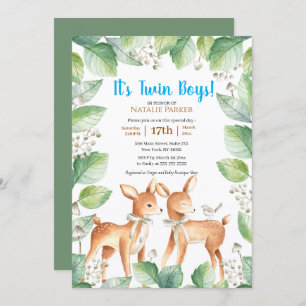 Woodland Deer Floral Twin Boys Baby Shower Invitation