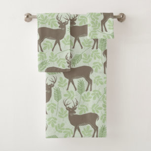 Woodland Deer Foliage Green Brown Pattern Bath Towel Set