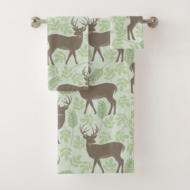Woodland Deer Foliage Green Brown Pattern Bath Towel Set (Insitu)