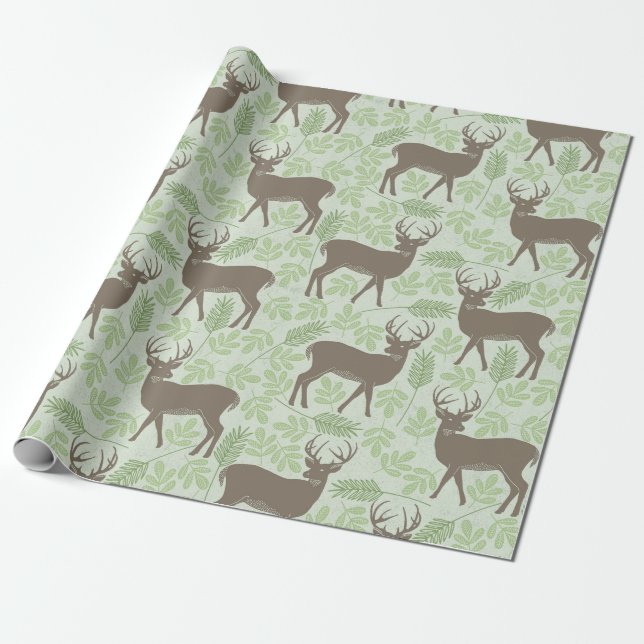 Woodland Deer Foliage Green Brown Pattern Wrapping Paper (Unrolled)