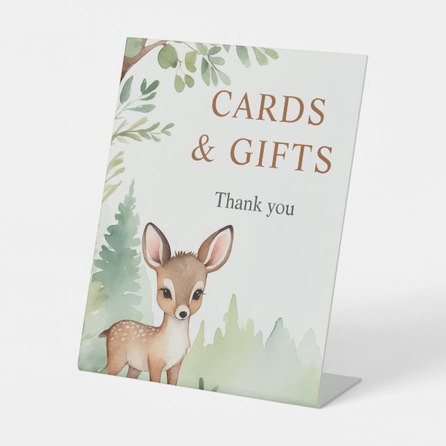 Woodland Deer Forest Baby Shower Cards and Gifts Pedestal Sign (Front)