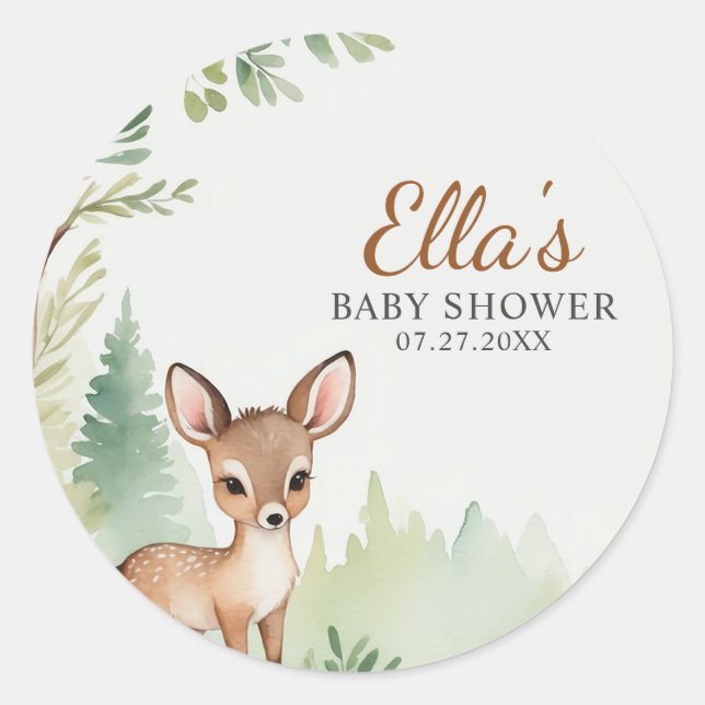 Woodland Deer Forest Neutral Baby Shower Classic Round Sticker (Front)