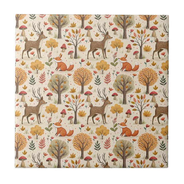 Woodland Deer & Fox Autumn Forest Animal Pattern Ceramic Tile (Front)