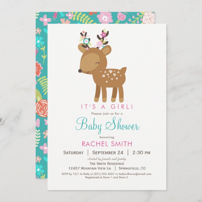 Woodland Deer Girl Baby Shower Invitation (Front/Back)