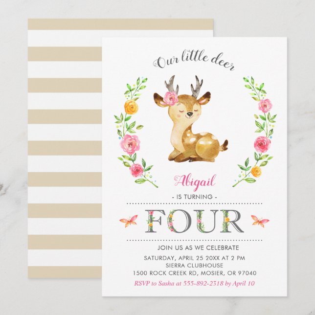 Woodland Deer Girl Floral 4th Fourth Birthday Invitation (Front/Back)