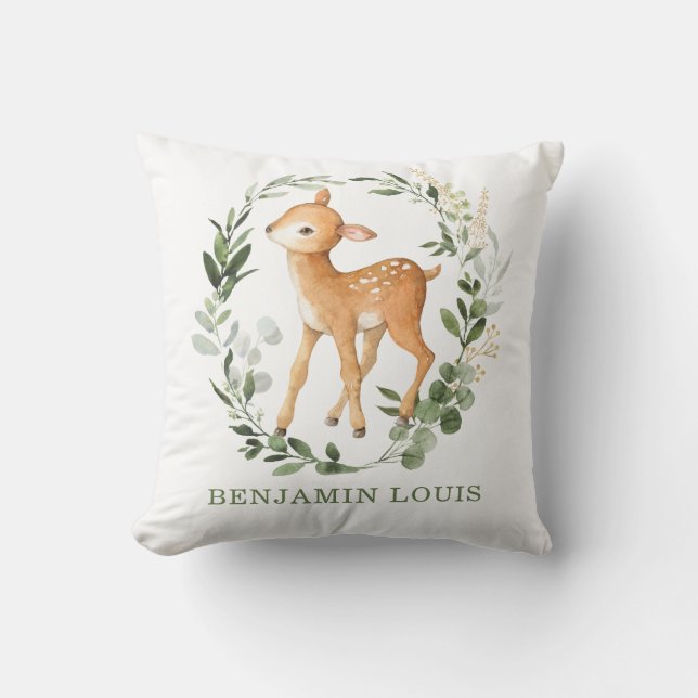 Woodland Deer Greenery Forest Monogram Nursery Cushion (Front)