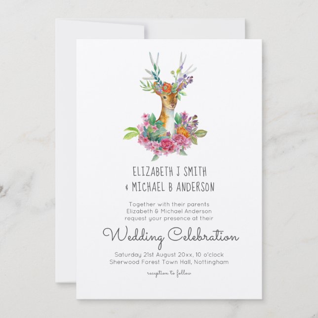 Woodland Deer Illustrated Wedding Invitations (Front)