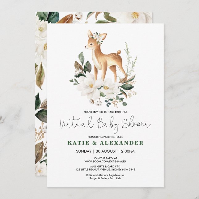 Woodland Deer Ivory Floral Virtual Baby Shower Invitation (Front/Back)