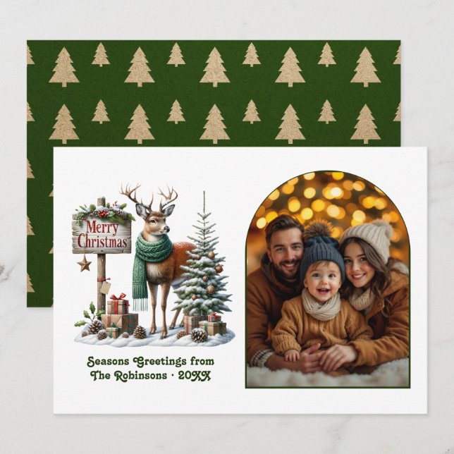 Woodland Deer Merry Christmas Rustic Forest Photo Holiday Card (Front/Back)