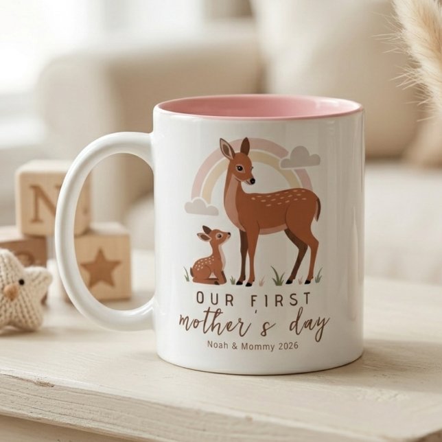 Woodland Deer Mom Baby First Mothers Day Soft Love Two-Tone Coffee Mug (Creator Uploaded)