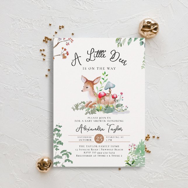 Woodland Deer Mushrooms Greenery Magic Baby Shower Invitation (woodland baby shower invitation enchanted woods forest little deer wildflowers earthy magic)
