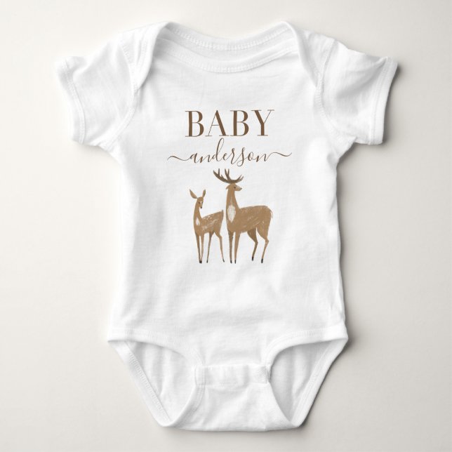 Woodland deer natural modern baby shower bodysuit (Front)