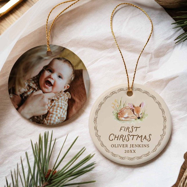 Woodland Deer New Born First Christmas Photo Ceramic Ornament (Woodland first Christmas baby ornament)