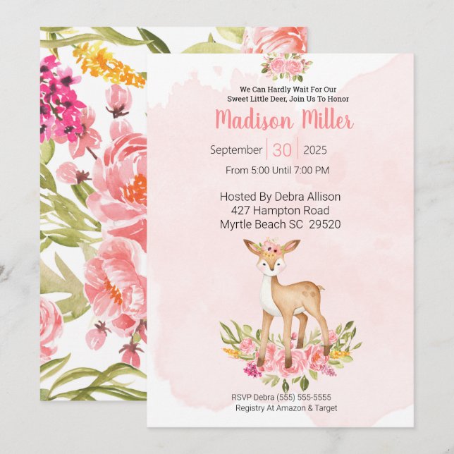  Woodland Deer Pink Floral Baby Shower    Invitation (Front/Back)