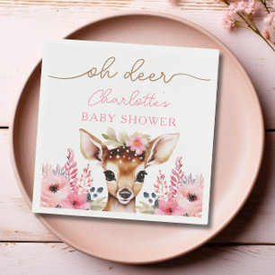 Woodland Deer Pink Floral Girl Baby Shower Custom Napkin