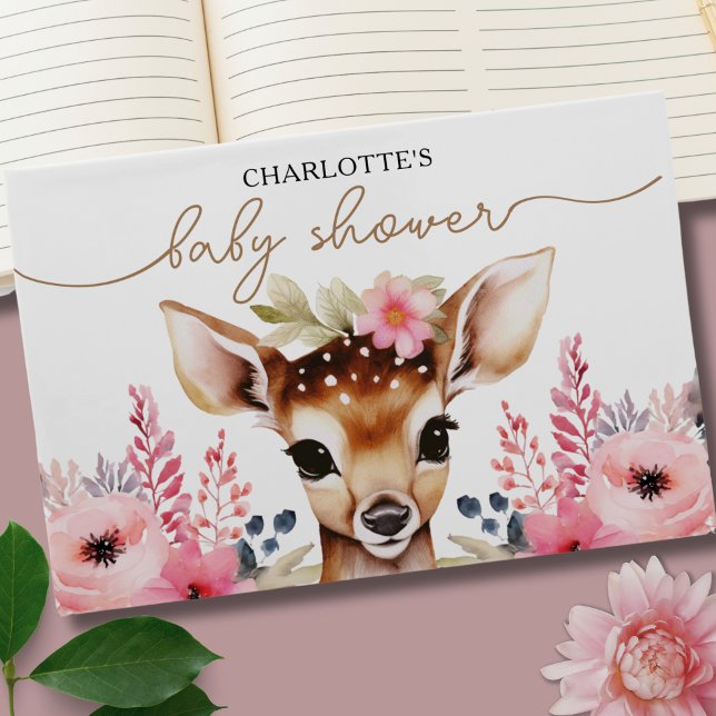 Woodland Deer Pink Gold Floral Girl Baby Shower Guest Book (Woodland Deer Pink Gold Floral Girl Baby Shower Guest Book)