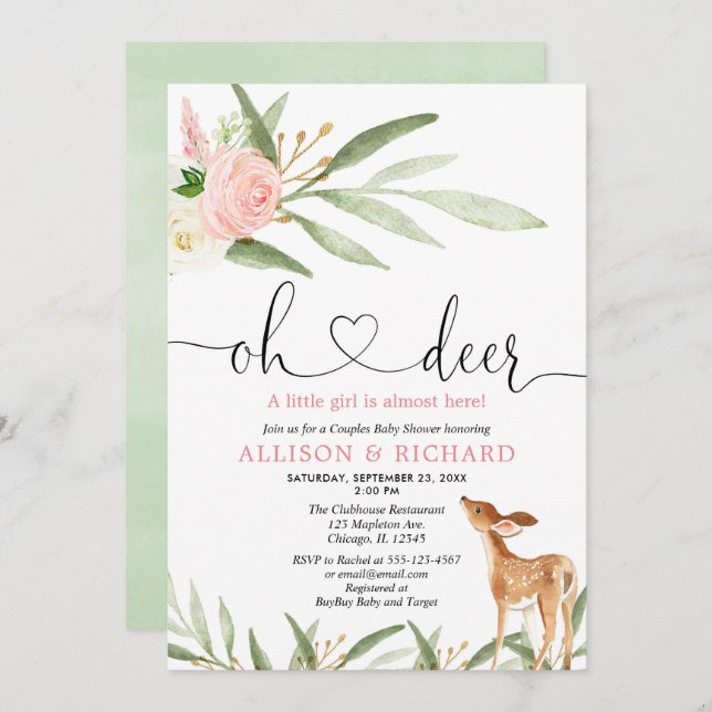Woodland deer pink gold green couples baby shower invitation (Front/Back)