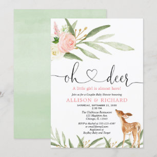 Woodland deer pink gold green couples baby shower invitation