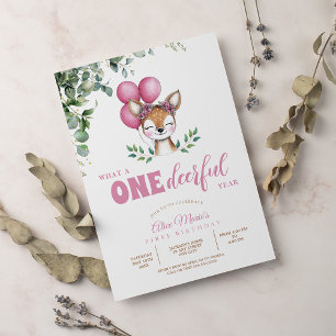 Woodland Deer Pink greenery girl First Birthday Invitation