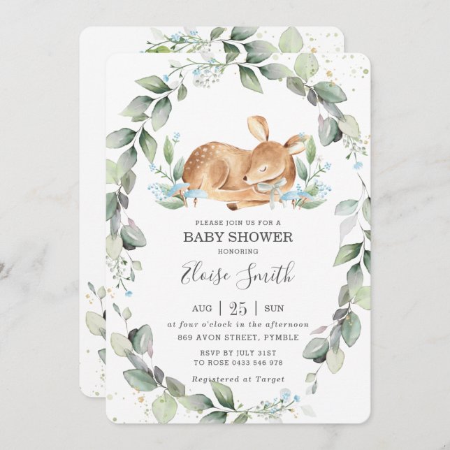 Woodland Deer Rustic Greenery Leafy Baby Shower Invitation (Front/Back)