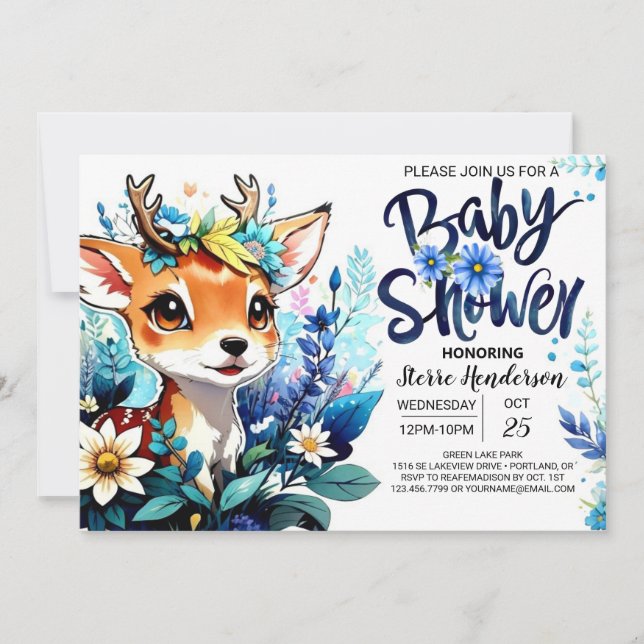 Woodland Deer Theme Baby Shower for Boy Invitation (Front)