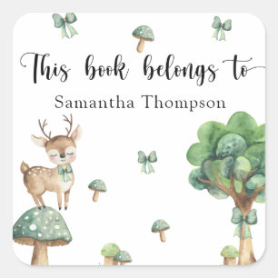 woodland deer - this book belongs to square sticker